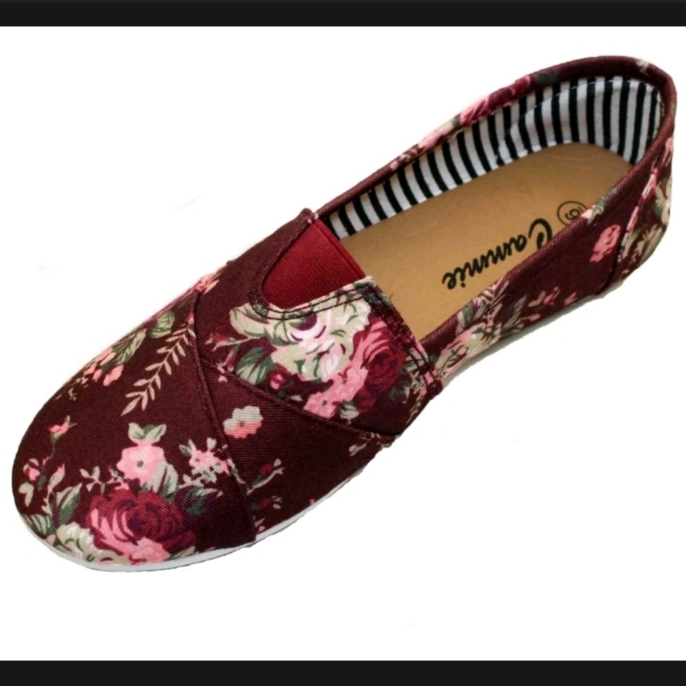Burgundy Floral Canvas Flats